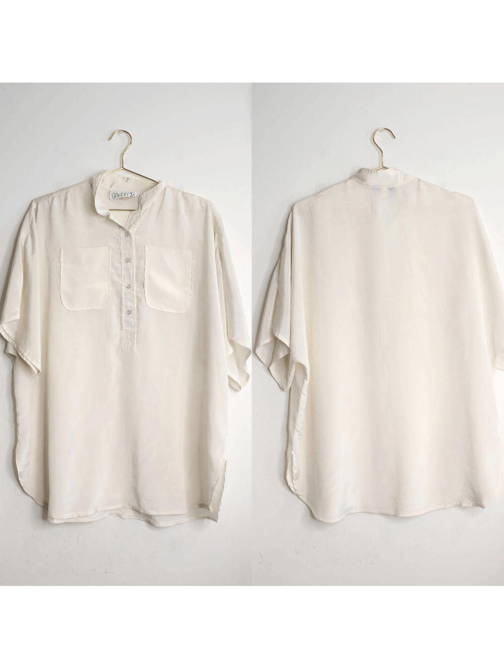 VTG Cream Textured Satin Short Sleeve Batwing Oversized Blouse - Large